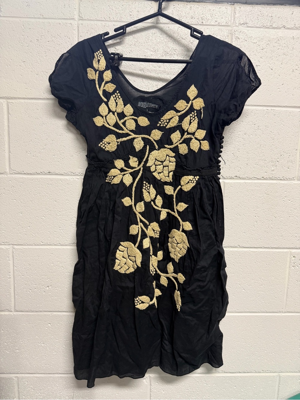 Joystick Johnny Was Black & Beige Hand Embroidered Puff Sleeve Dress Large